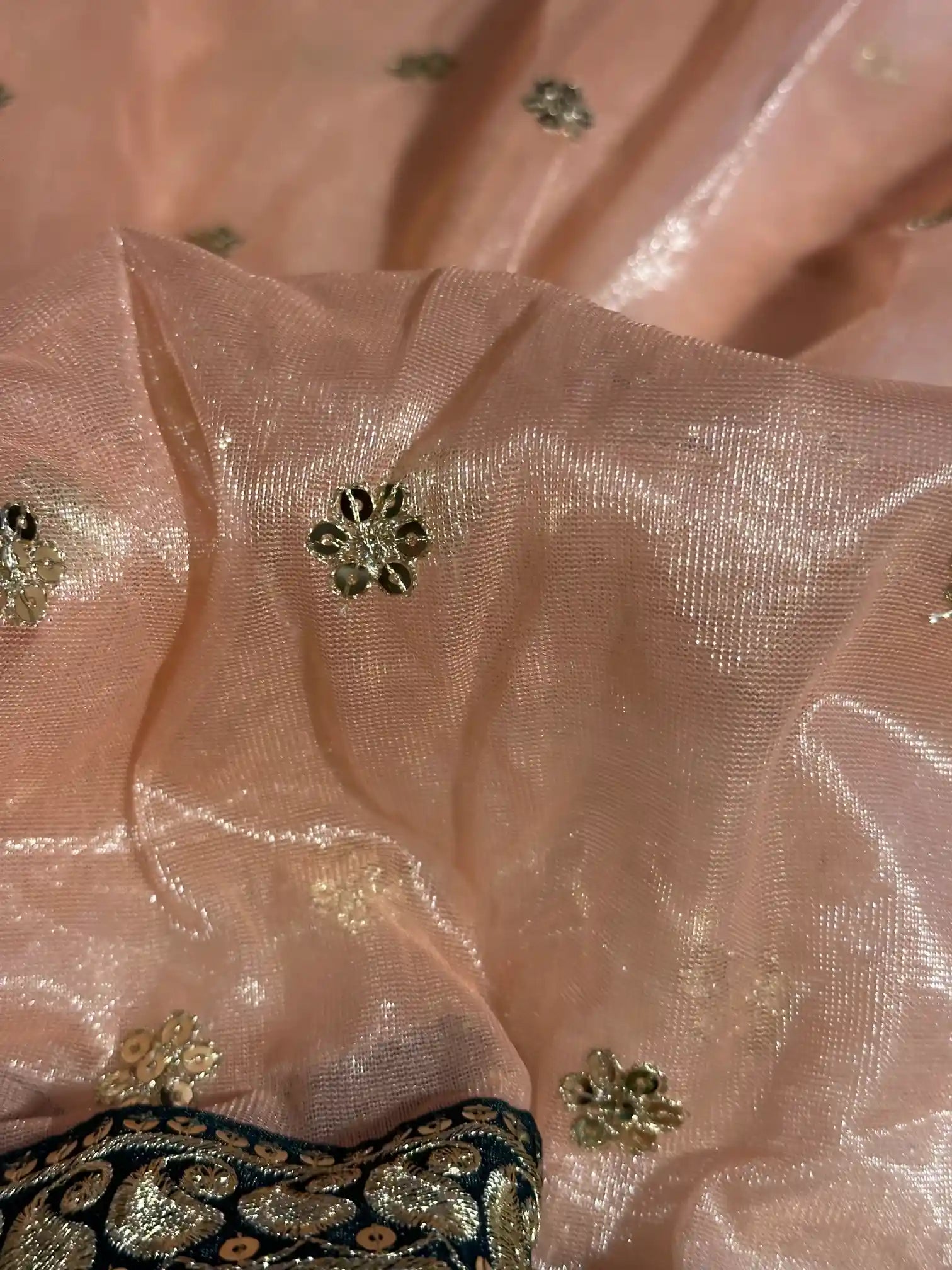 Light Peach Shade Shimmery Tissue Silk Designer Saree