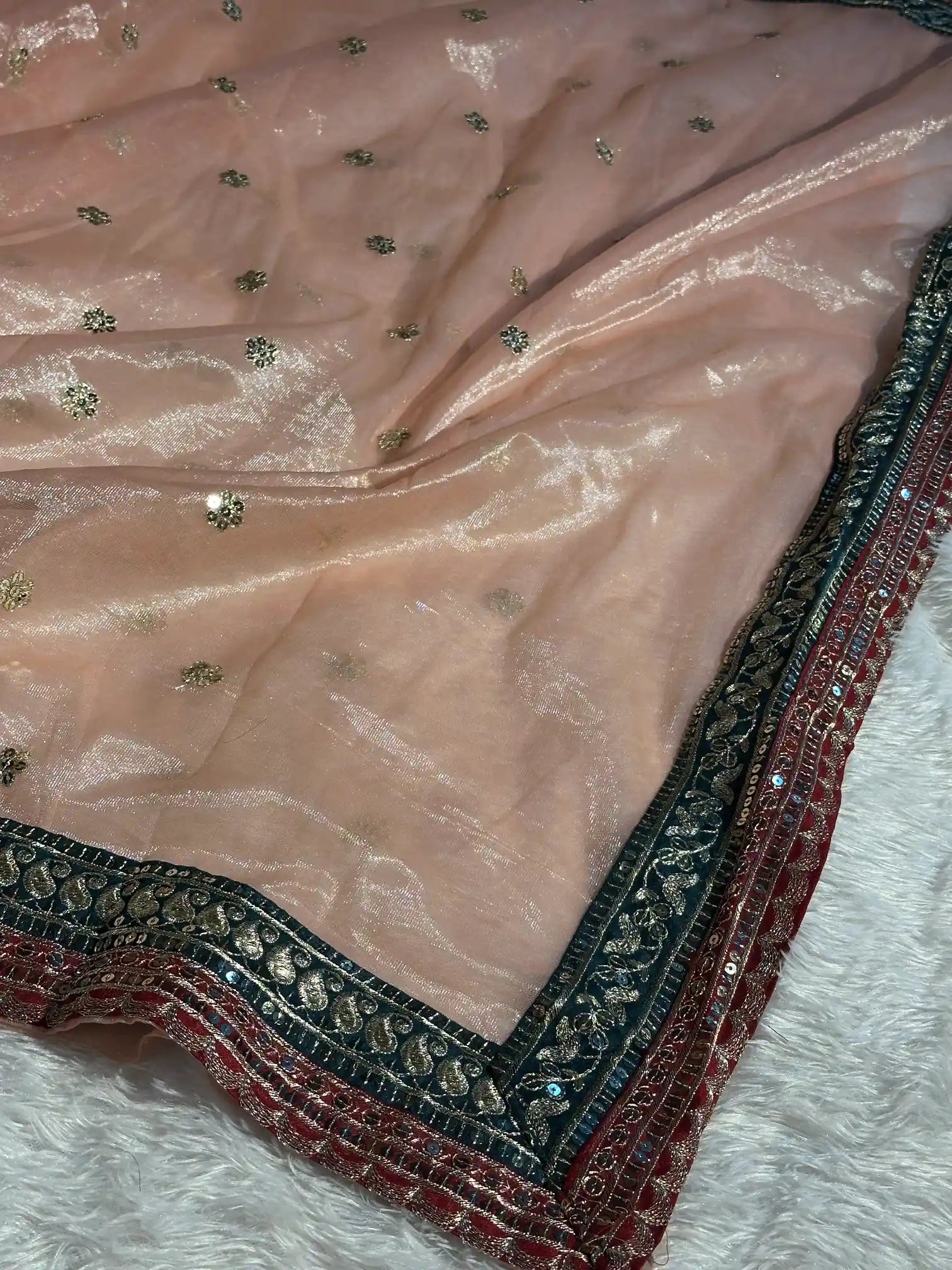 Light Peach Shade Shimmery Tissue Silk Designer Saree