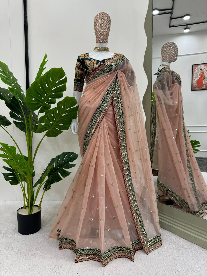 Light Peach Shade Shimmery Tissue Silk Designer Saree