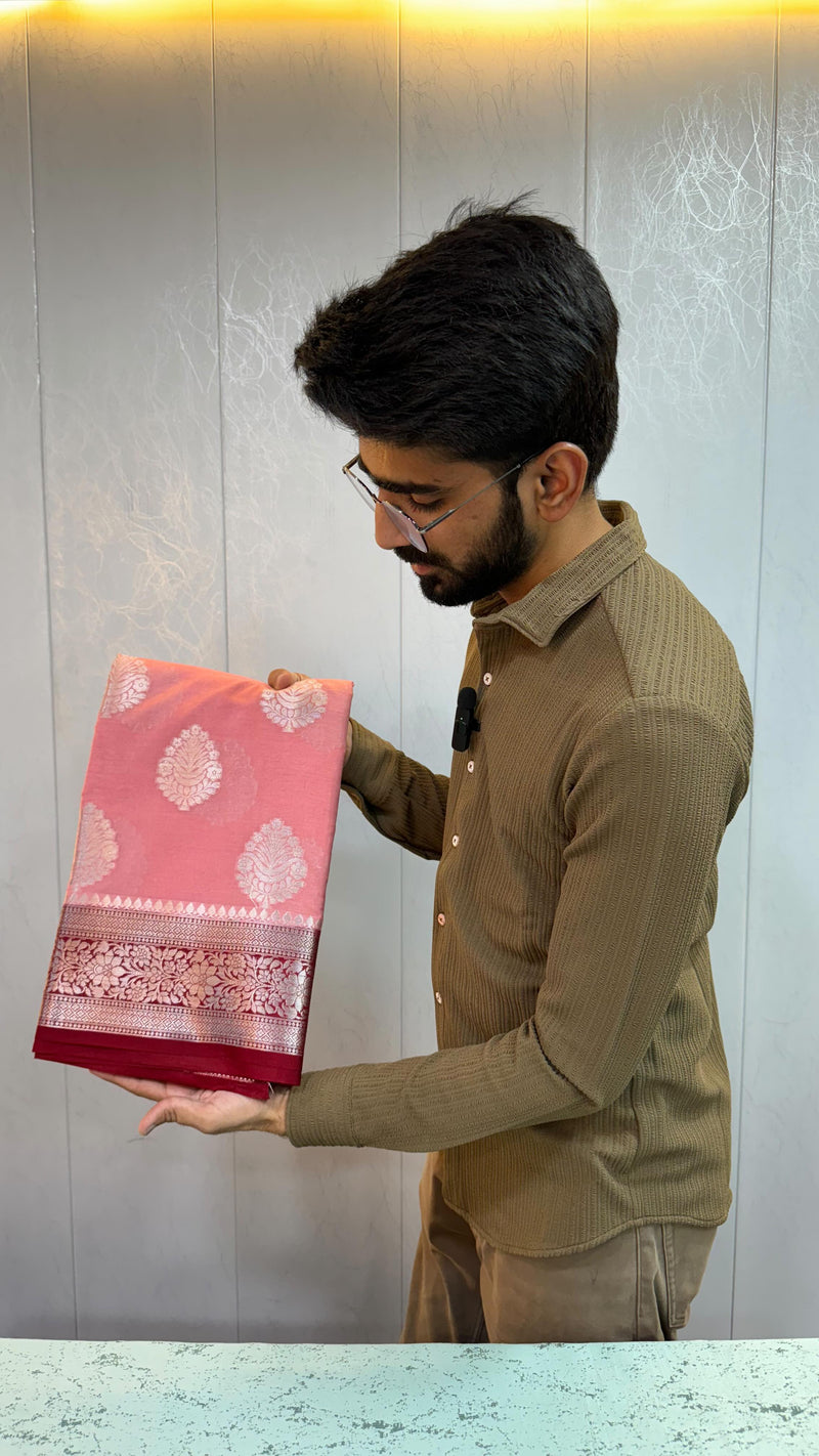 Light Pink Chinia Silk Zari Buta Banarasi Saree