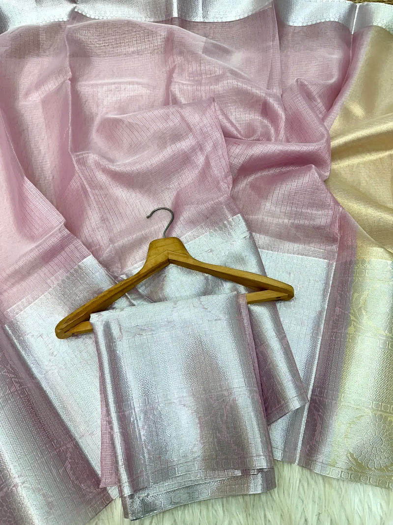 Light Pink Kota Tissue Silk Jacquard Border Banarasi Saree
