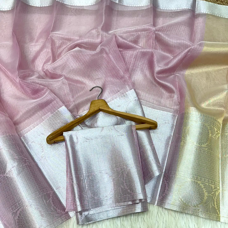 Light Pink Kota Tissue Silk Jacquard Border Banarasi Saree