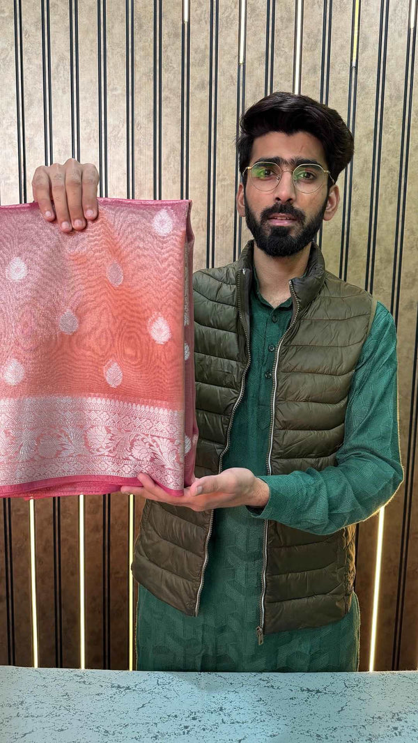 Light Pink Tissue Silk Khaddi Buti Banarasi Saree 