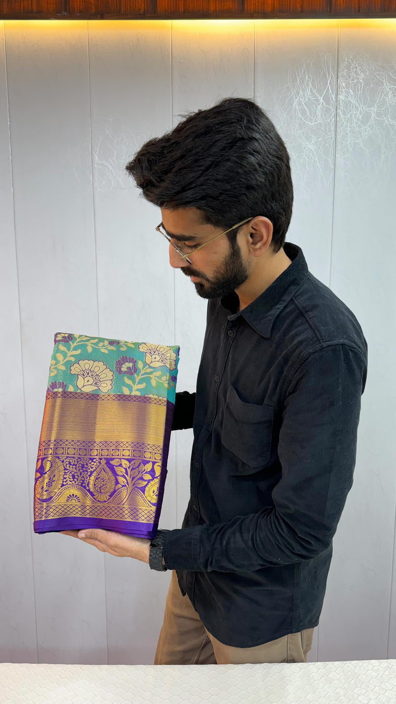 Light Sea Green Kanjivaram Tissue Silk Floral Embossed Saree