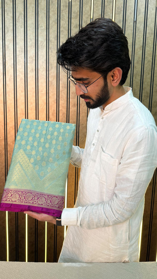 Light Sea Green Warm Silk Zari Woven Buti Banarasi Saree