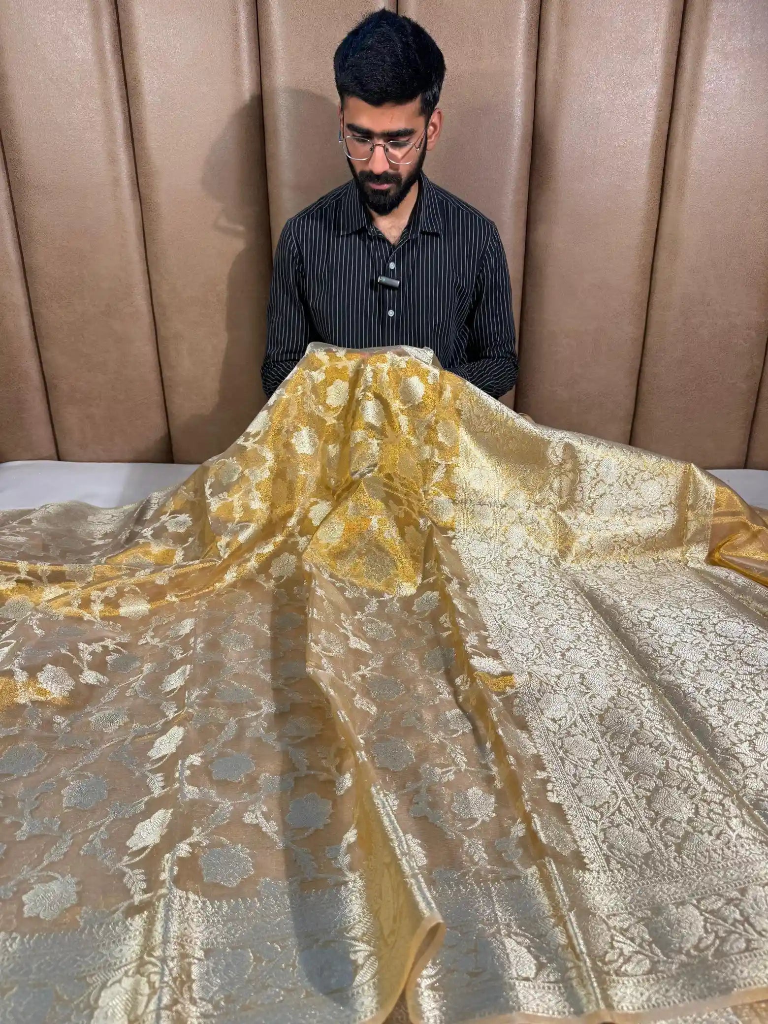 Light gold shade exclusive floral weave Banarasi saree