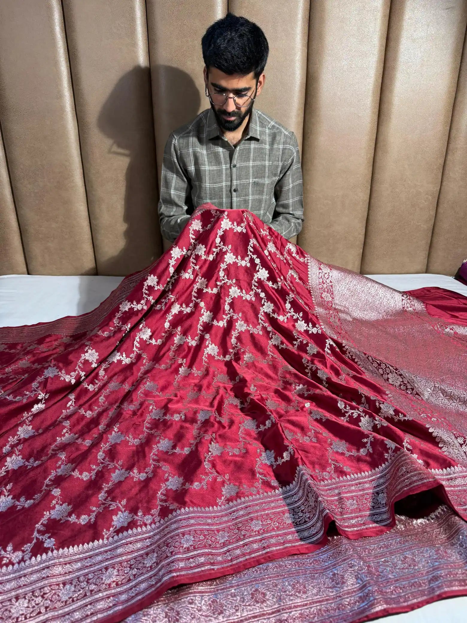 Light maroon eccentric Mashru katan silk saree