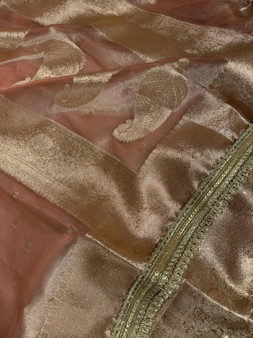 Light peach Eccentric Tissue silk Banarasi saree with Designer lace Work