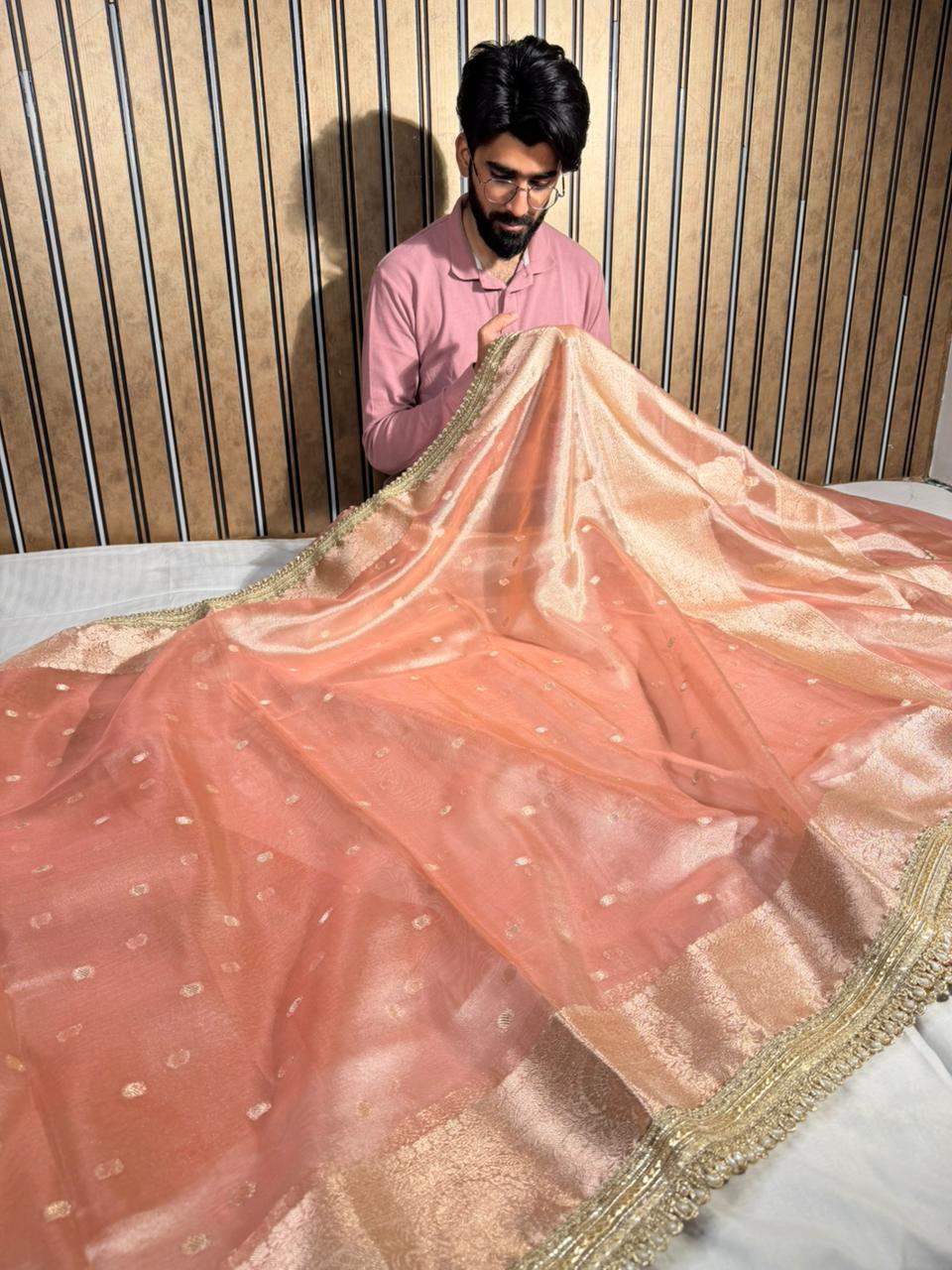 Light peach Eccentric Tissue silk Banarasi saree with Designer lace Work