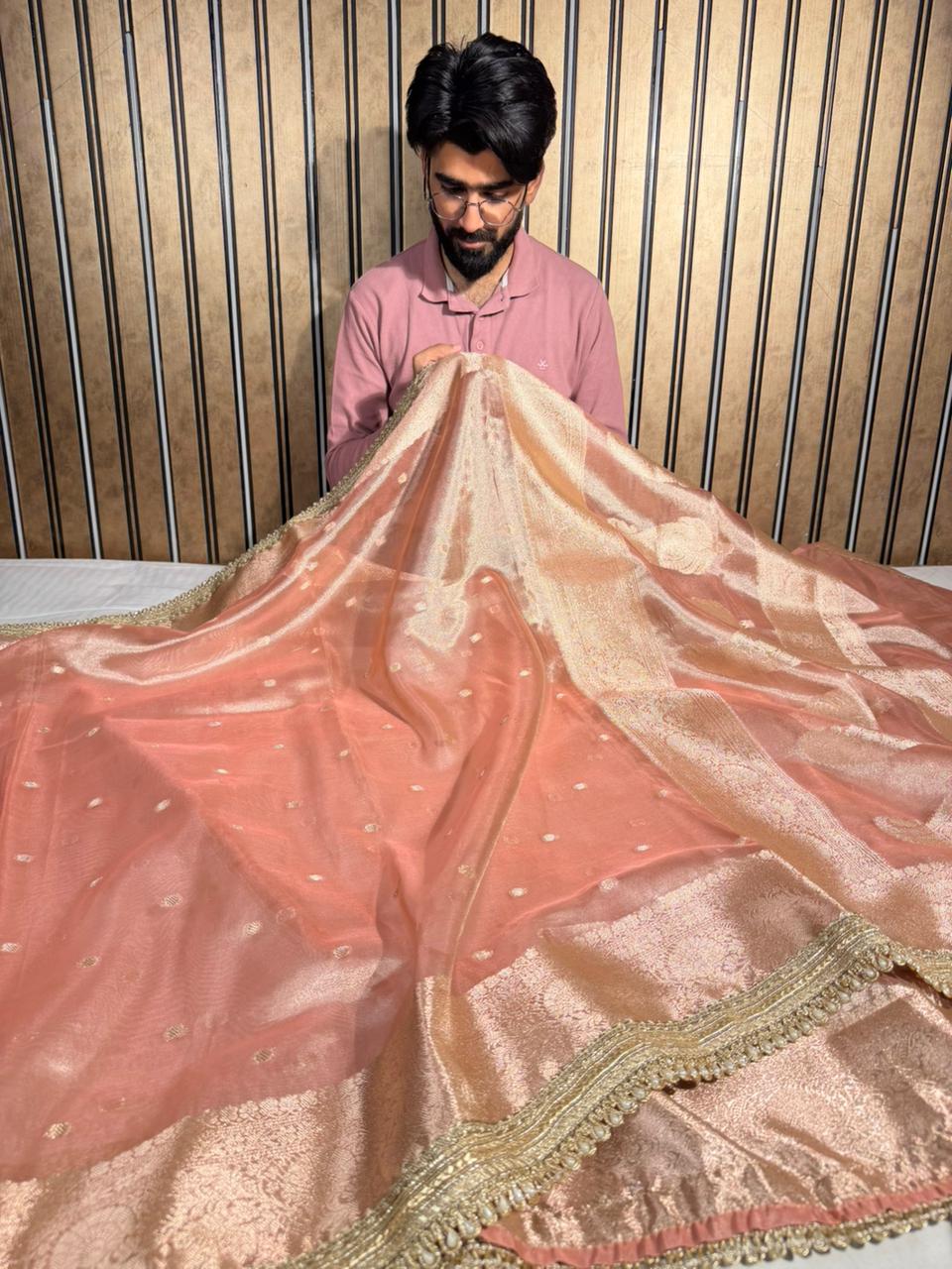 Light peach Eccentric Tissue silk Banarasi saree with Designer lace Work