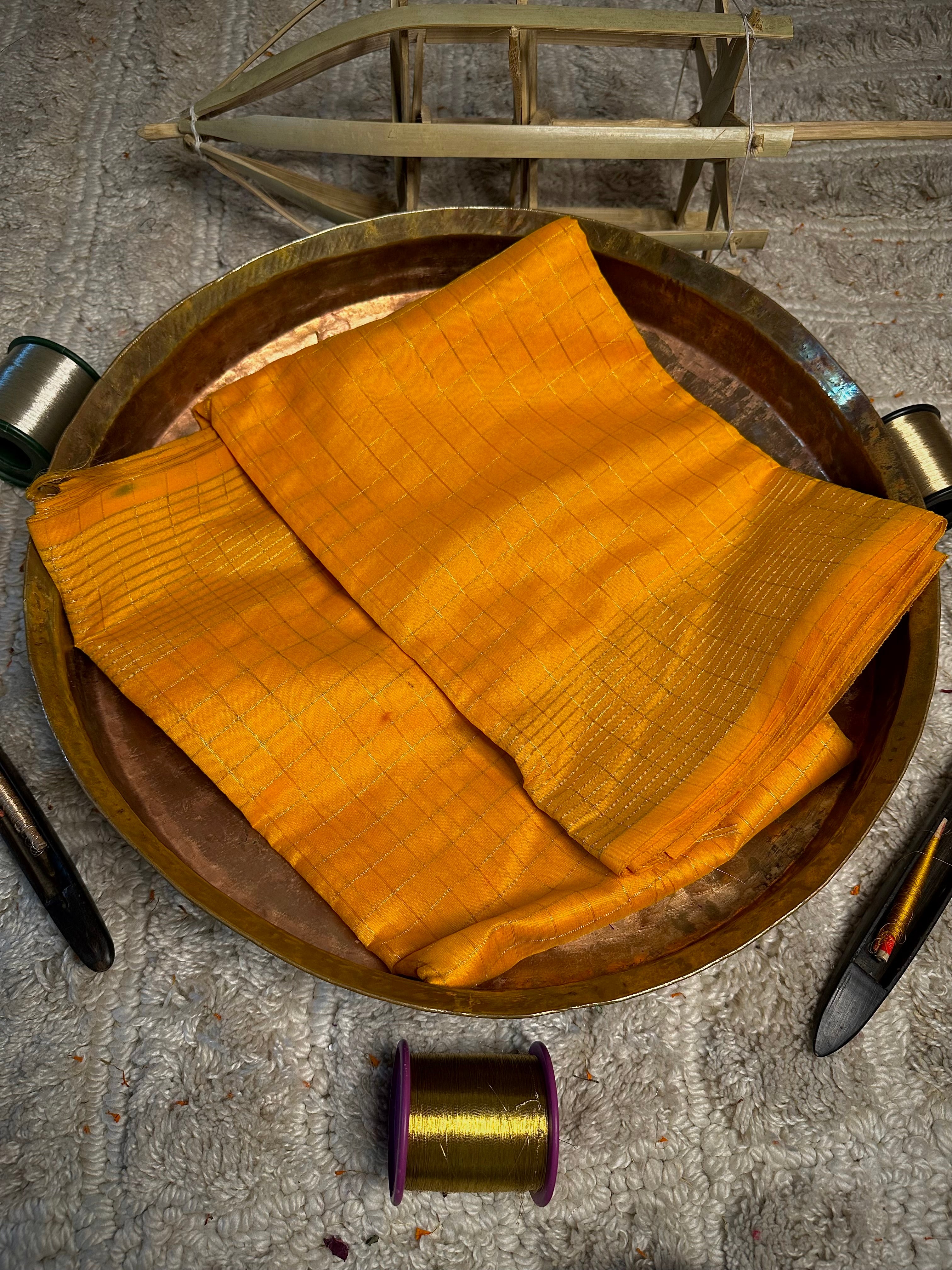 Light yellow checks cotton saree