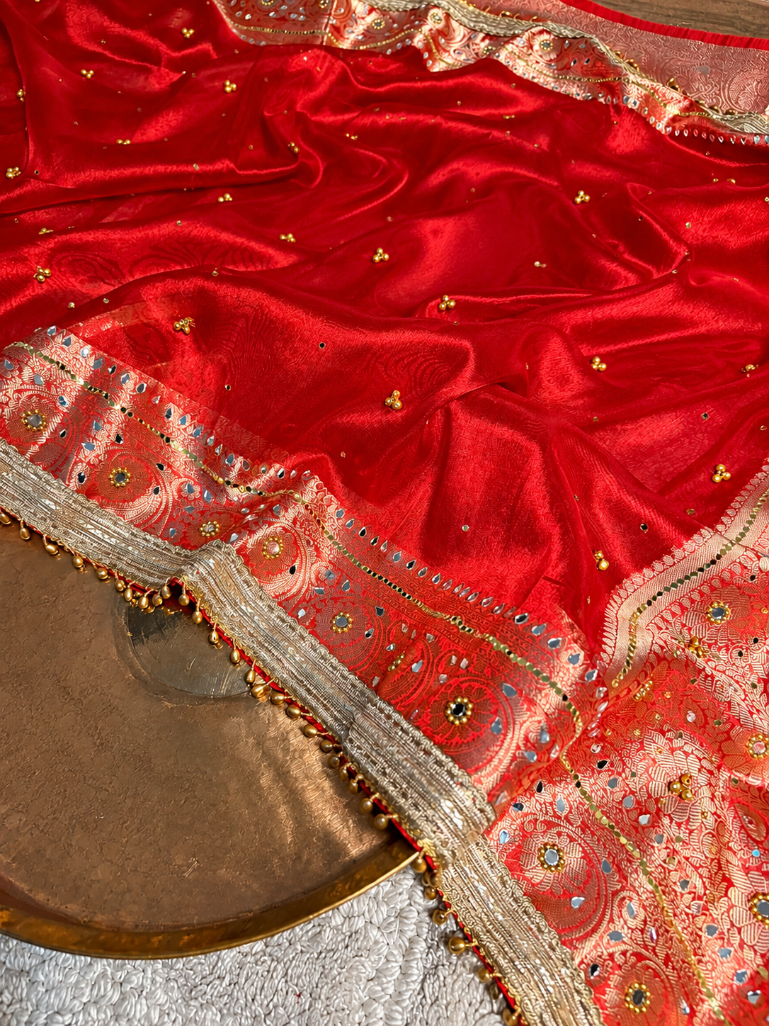 Carmine Red Kora Tissue Viral Ghungroo Saree