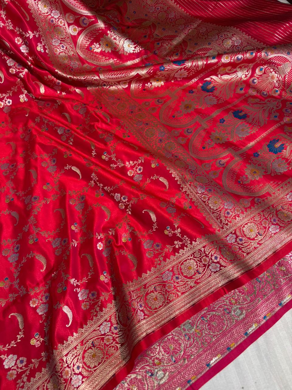 Luxurious mashru katan silk with delicate meenakari work and premium meenakari pallu