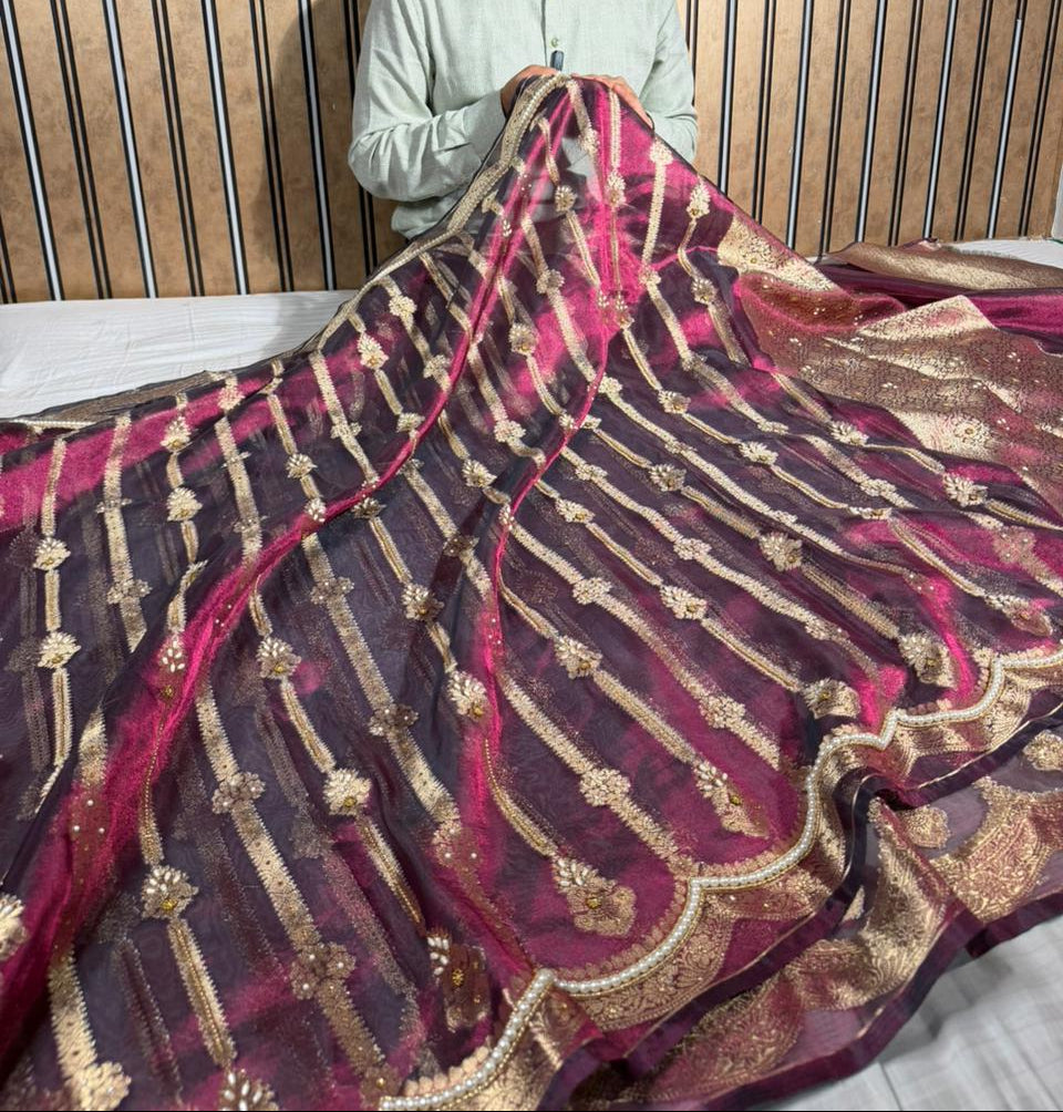 Magenta Scallop Tissue Silk Handwork Banarasi Saree