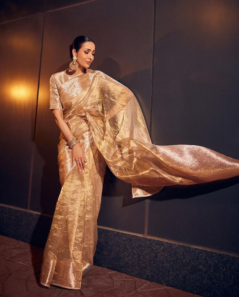 Malaika Arora Inspired Golden Tissue Silk Saree