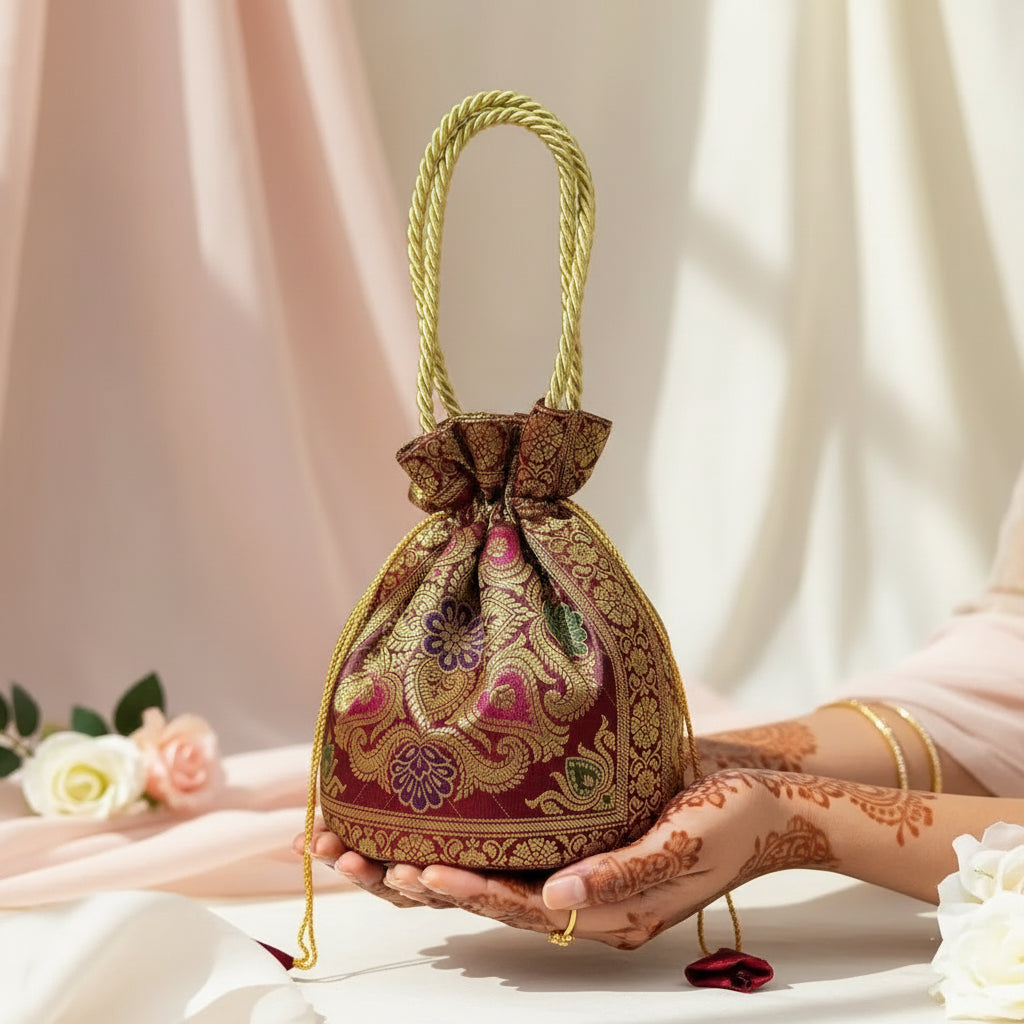 Maroon Shade Banarasi Potli Bags