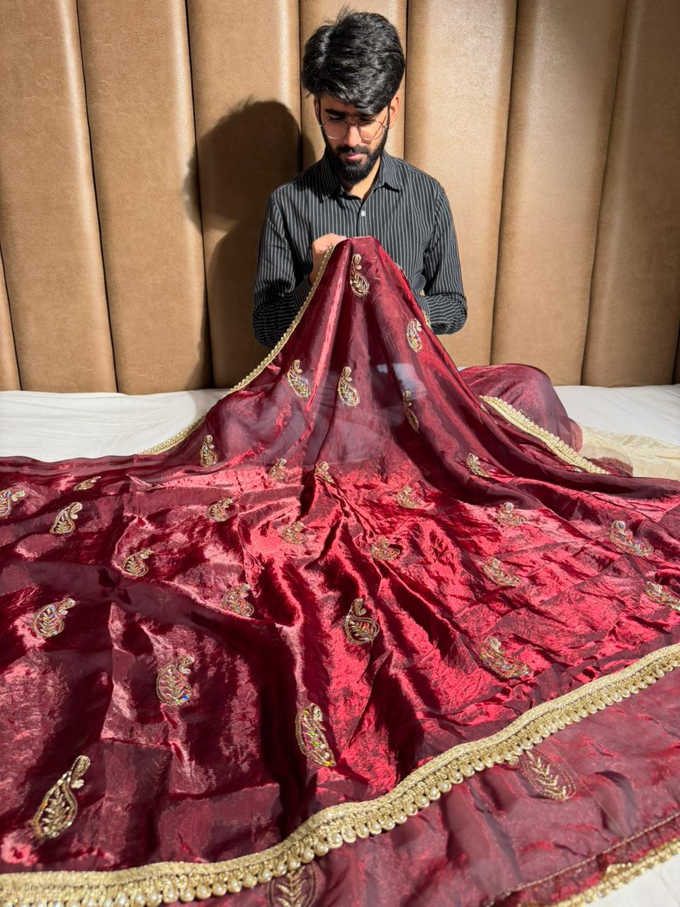 Maroon Shade Shimmery Tissue Silk Handwork Saree
