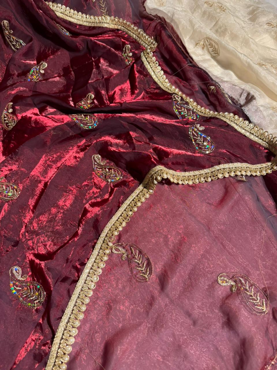 Maroon Shade Shimmery Tissue Silk Handwork Saree
