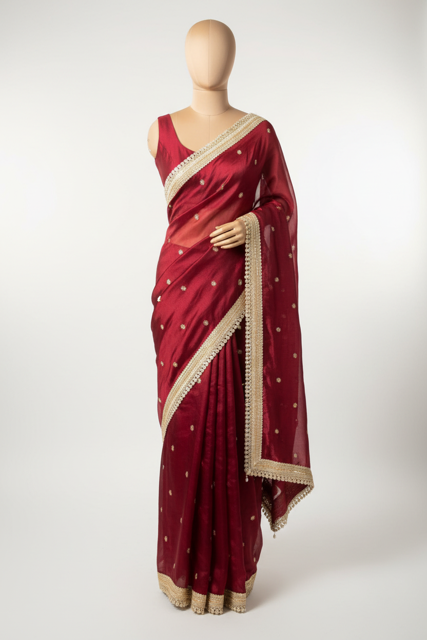 Maroon Shimmery Tissue Silk Embroidered Lace Work Saree
