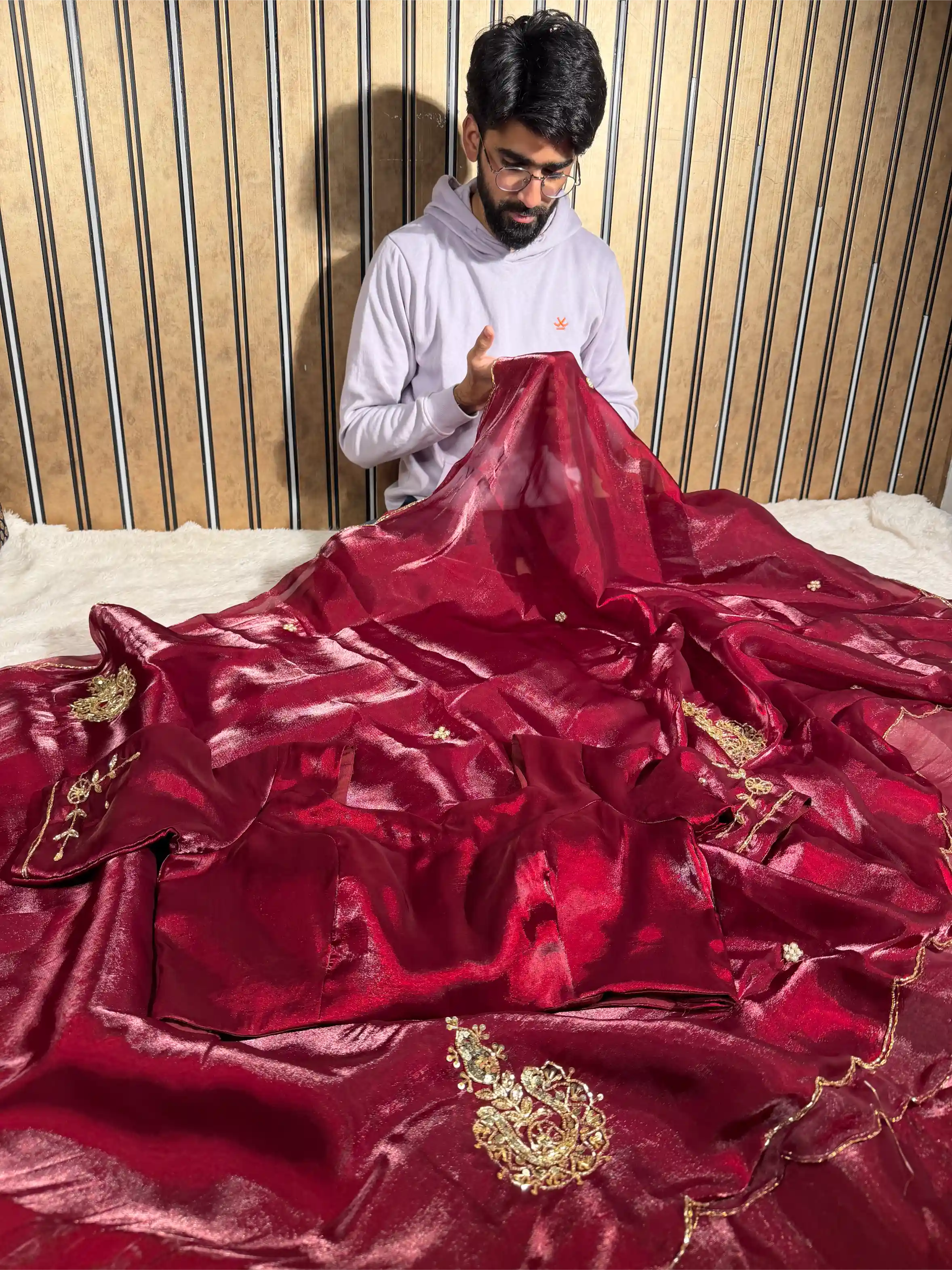Maroon Shimmery Tissue Silk Handwork Saree