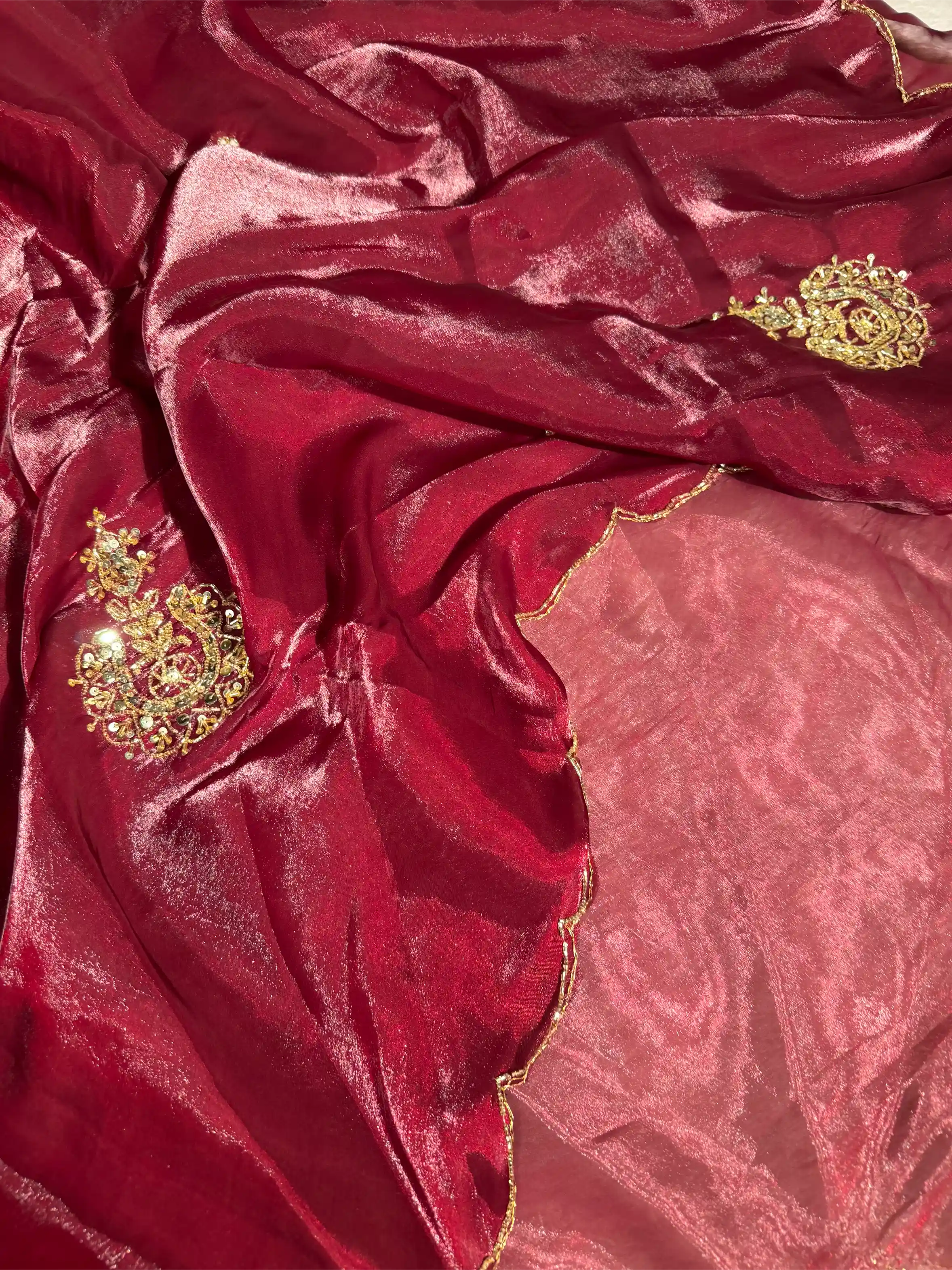 Maroon Shimmery Tissue Silk Handwork Saree