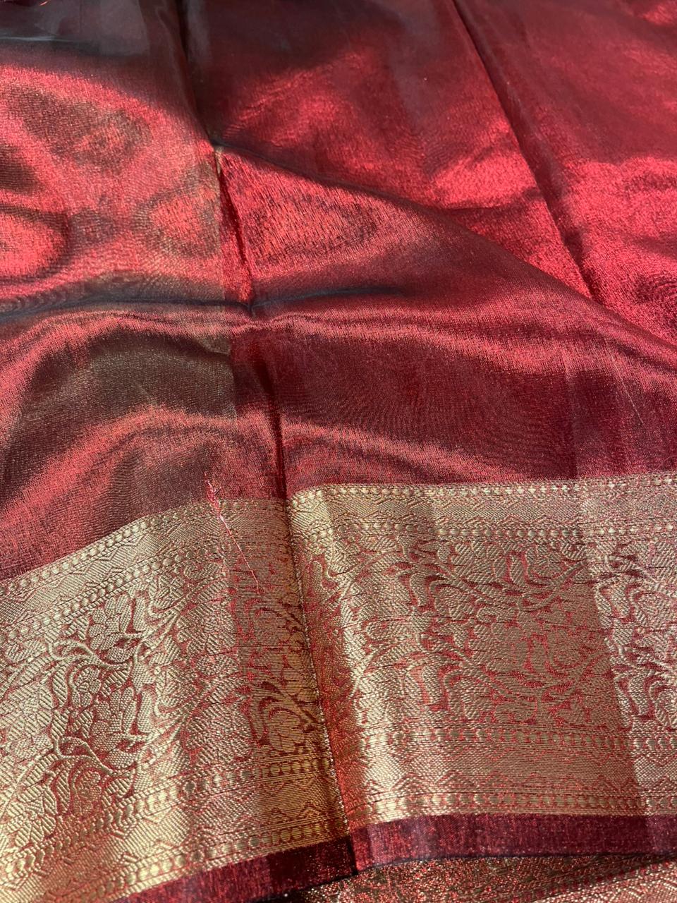 Maroon Tissue Silk Chikankari Embossed Banarasi Saree
