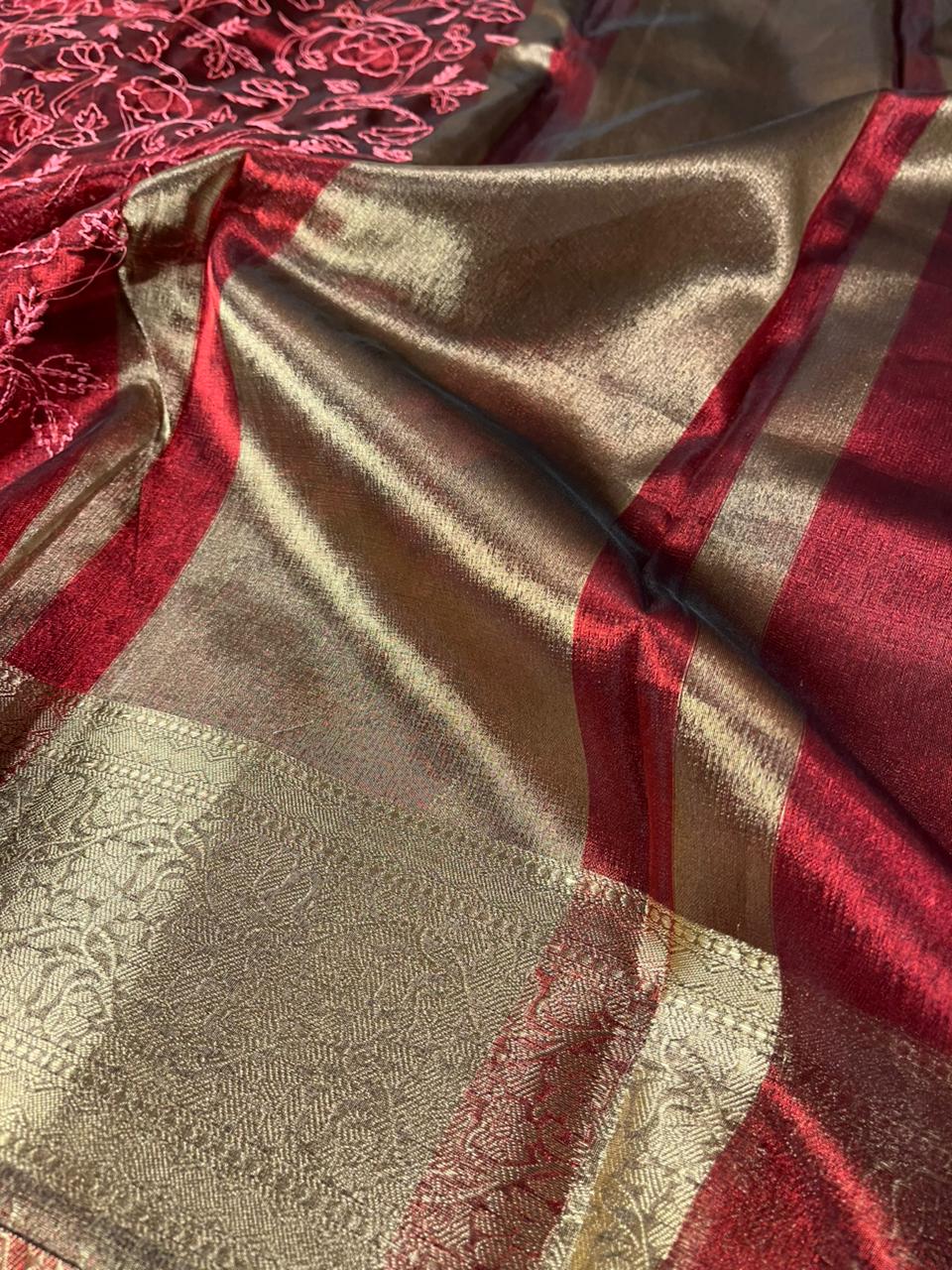Maroon Tissue Silk Chikankari Embossed Banarasi Saree