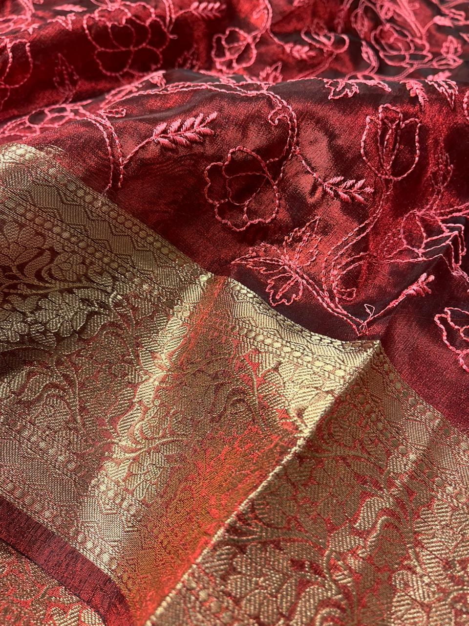 Maroon Tissue Silk Chikankari Embossed Banarasi Saree