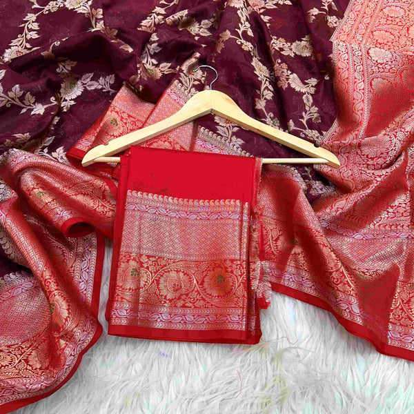 Maroon Chinia Silk Banarasi Saree