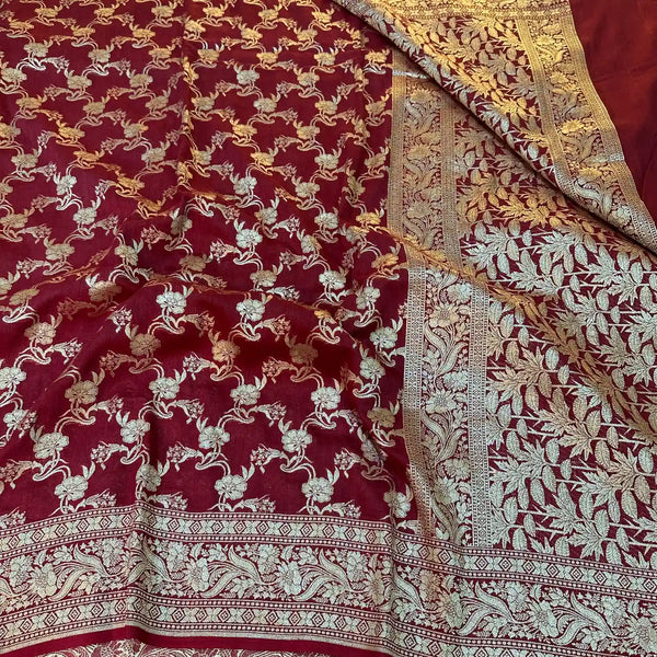 Maroon Jaal Weave Munga Silk Banarasi Saree