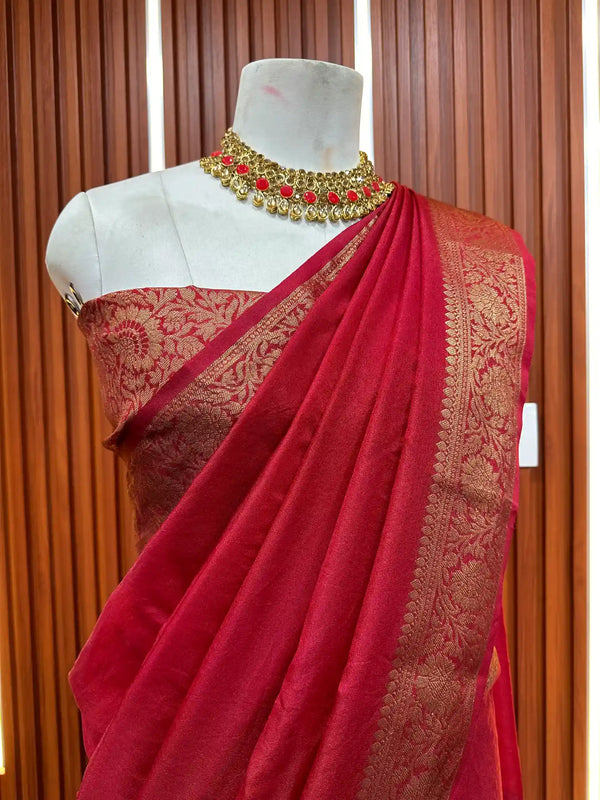 Maroon Mysore Crepe Ready to Wear Banarasi Saree