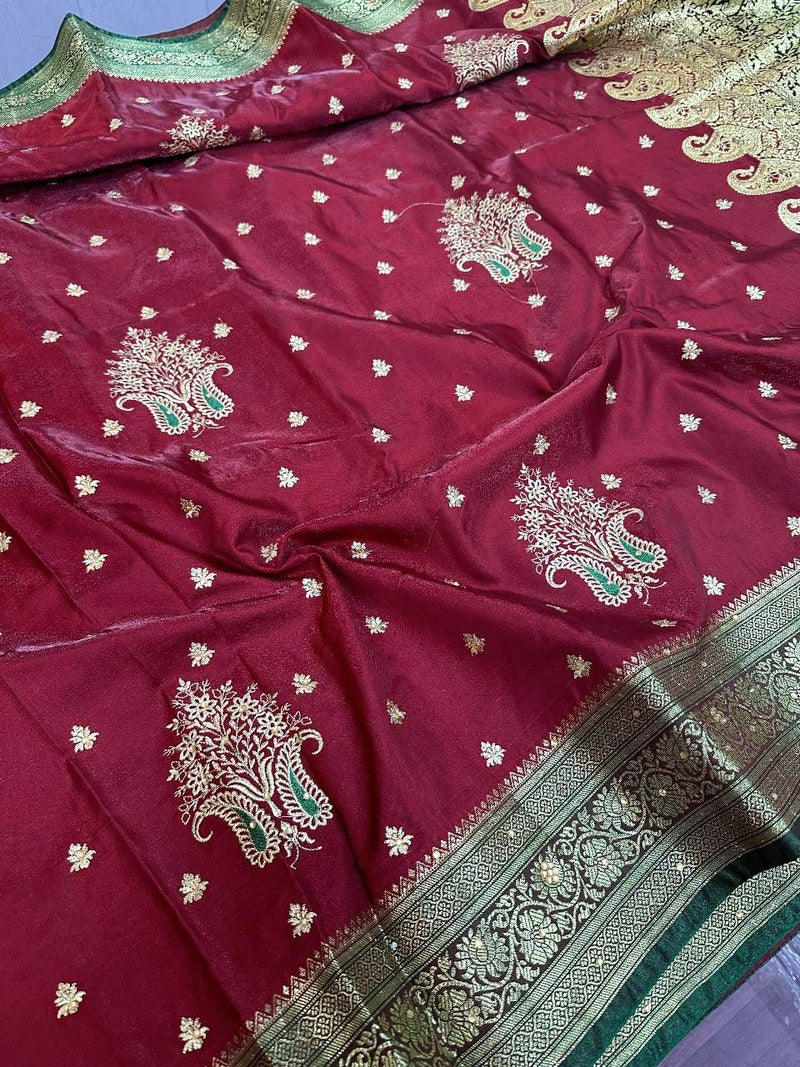 Maroon Satin Silk Embroidered Saree