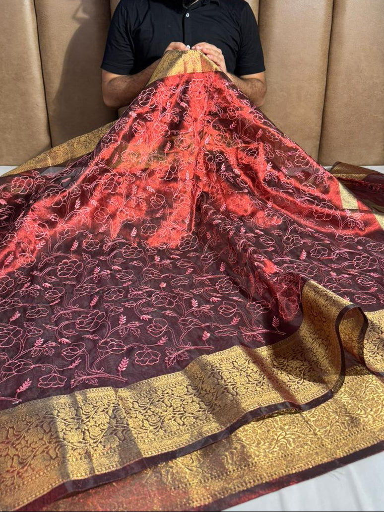 Maroon Tissue Silk Chikankari Embossed Banarasi Saree