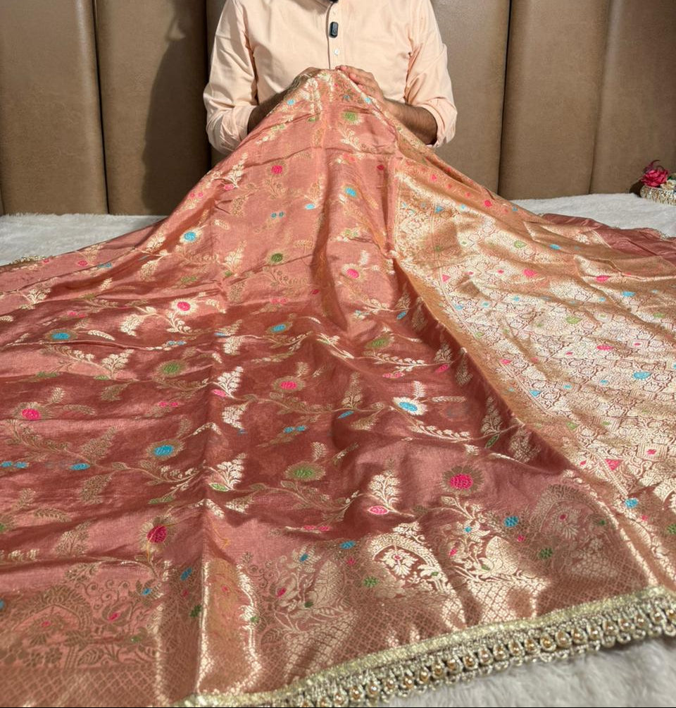 Mauve Peach Pemium Dupion Silk Lace Work Banarasi Saree