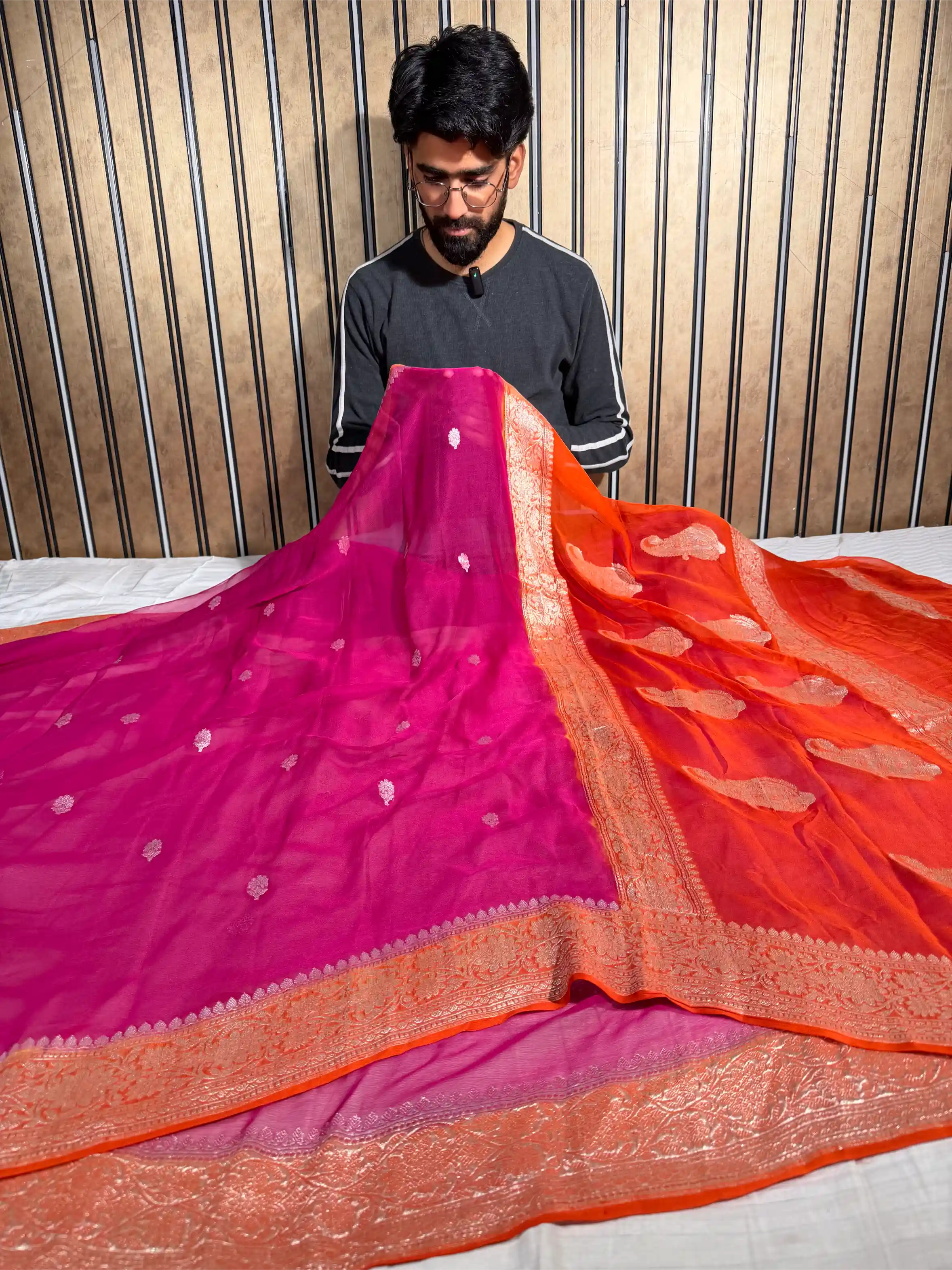 Mauve Peach Pure Khaddi Chiffon Silk Handwoven Banarasi Saree