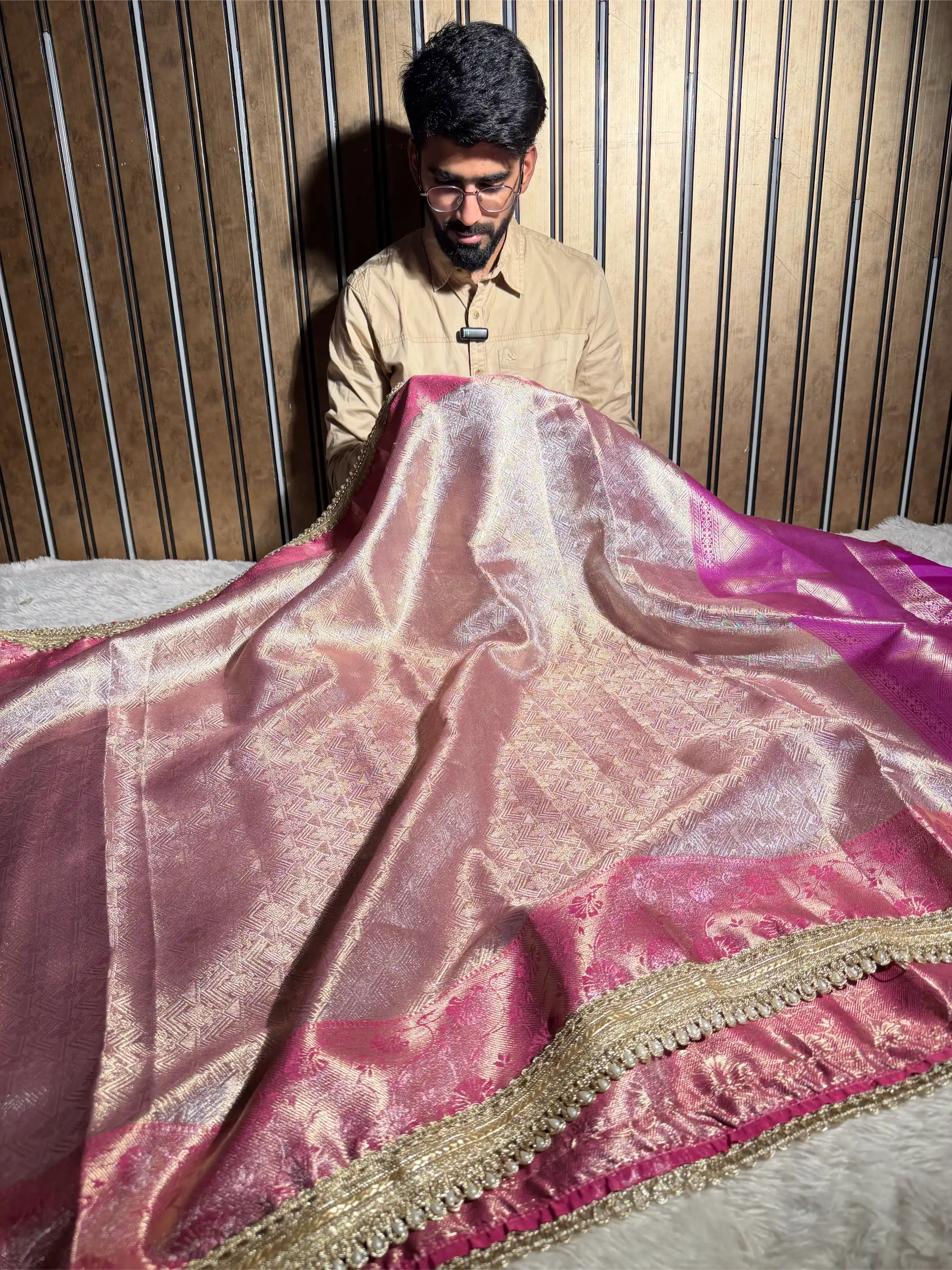 Mauve Pink Kanjivaram Tissue Silk Designer Lace Work Saree