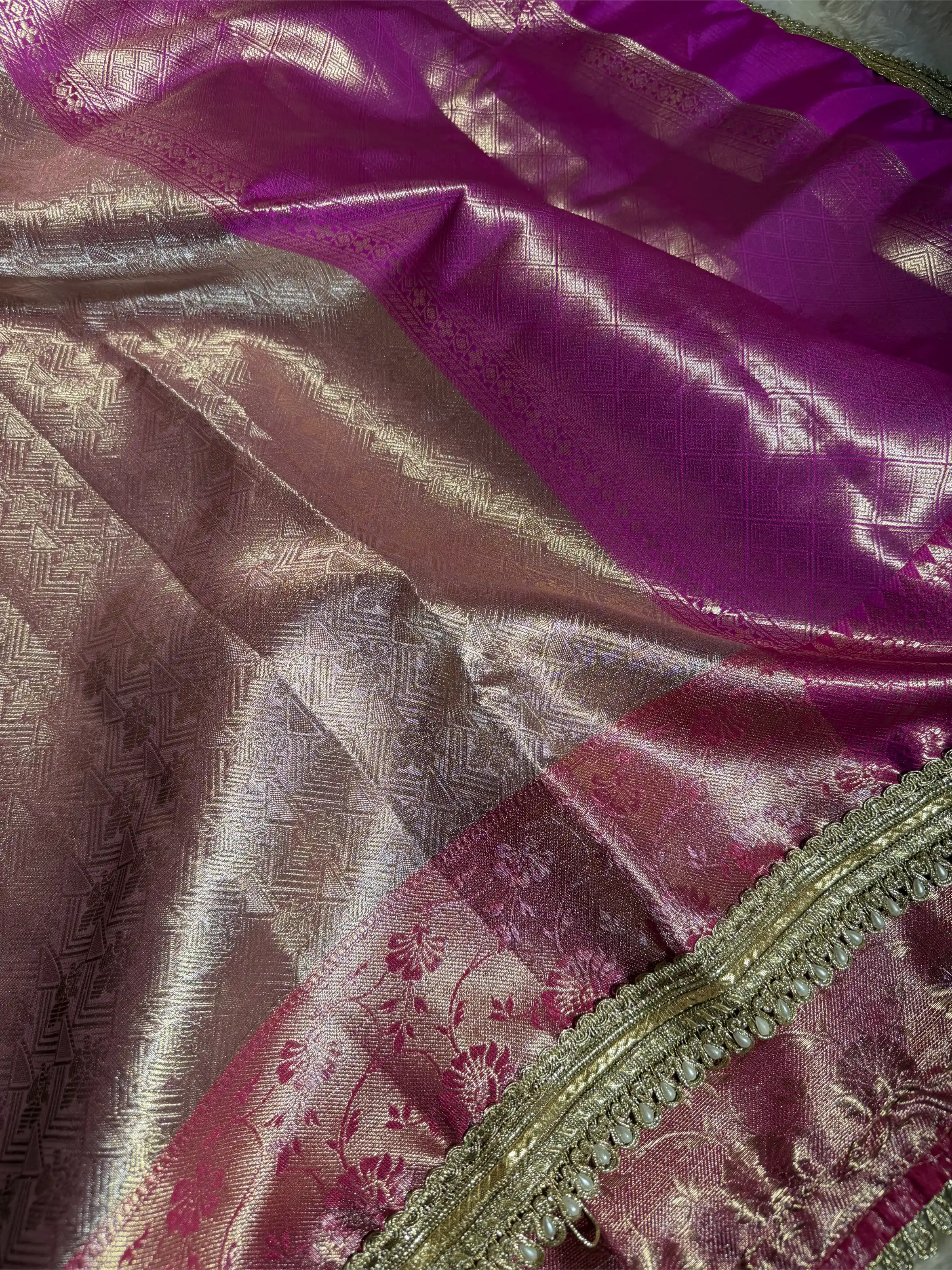 Mauve Pink Kanjivaram Tissue Silk Designer Lace Work Saree