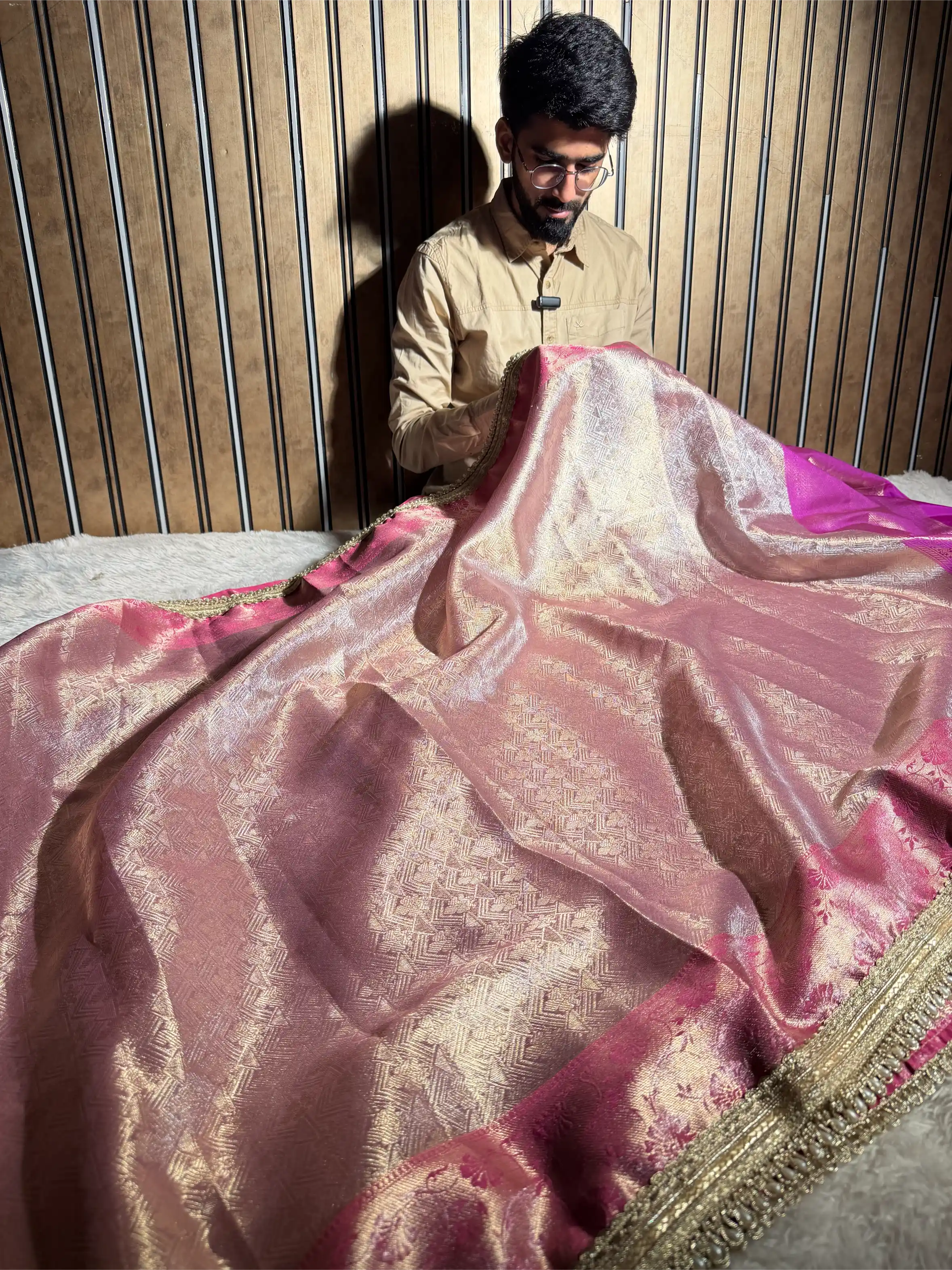 Mauve Pink Kanjivaram Tissue Silk Designer Lace Work Saree