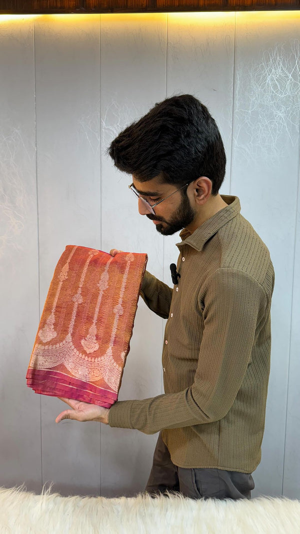 Mauve Pink Tissue Silk Embossed Floral Saree 