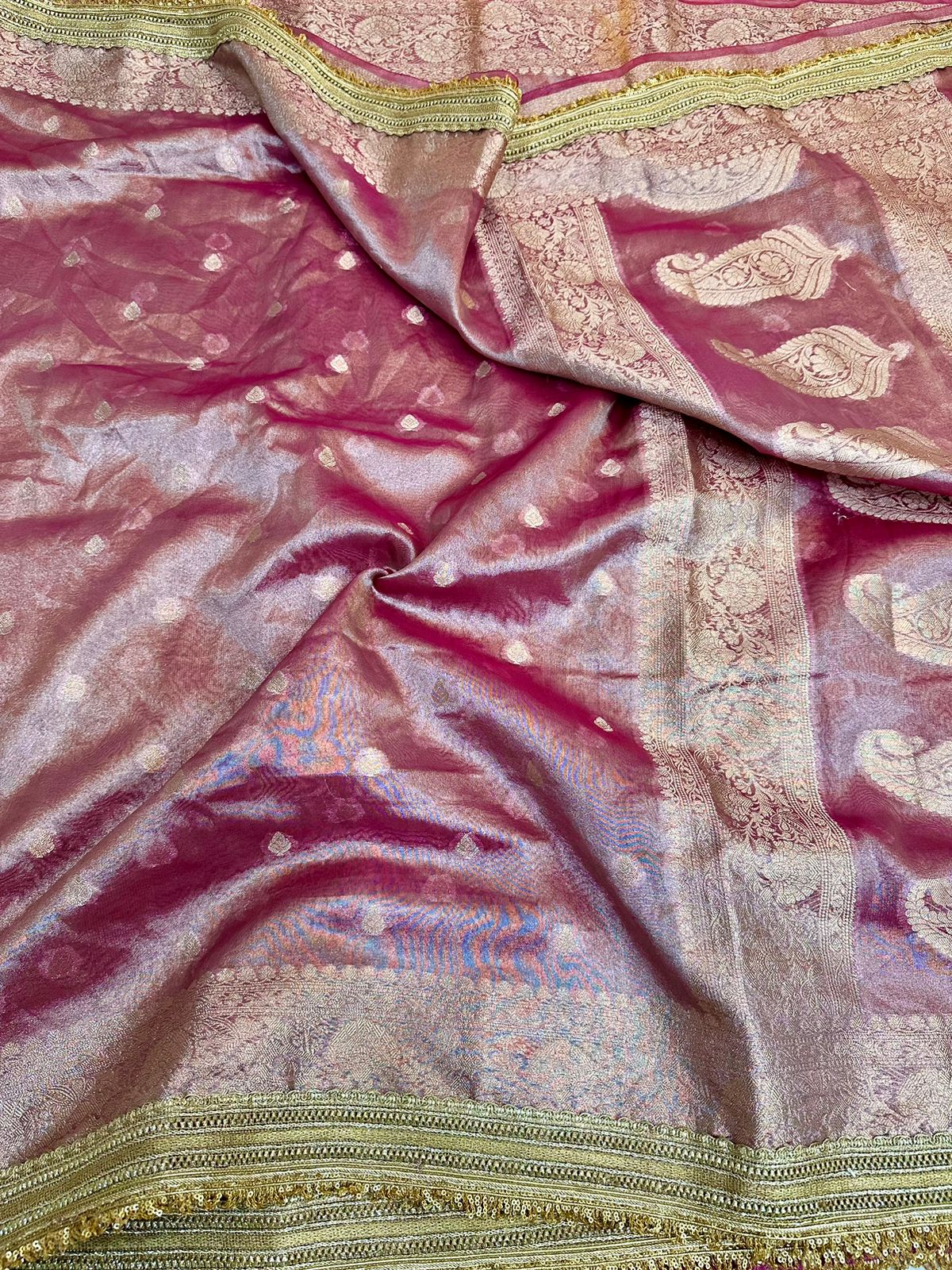 Mauve Pink Tissue Silk Lace Attached Banarasi Saree