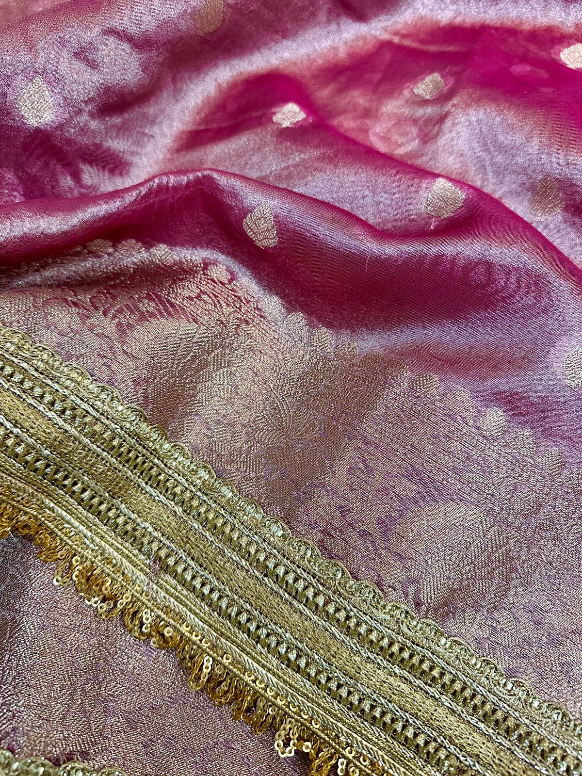 Mauve Pink Tissue Silk Lace Attached Banarasi Saree