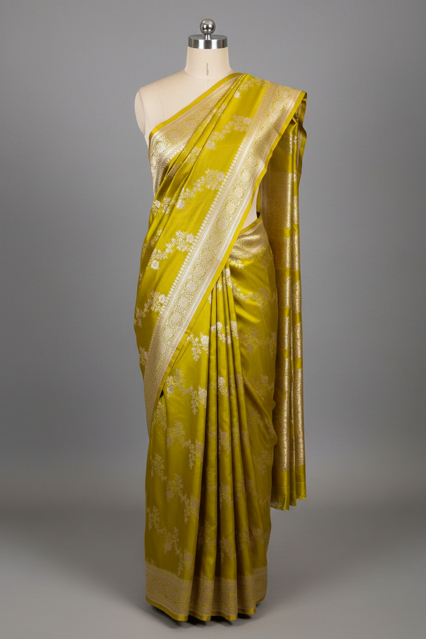 Mehandi Green Mashru Katan Silk Leheriya Weave Banarasi Saree