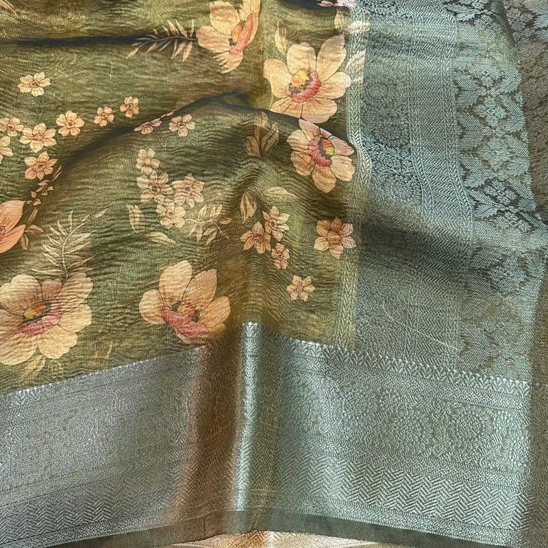 Mehandi Green Crush Tissue Kalamkari Saree