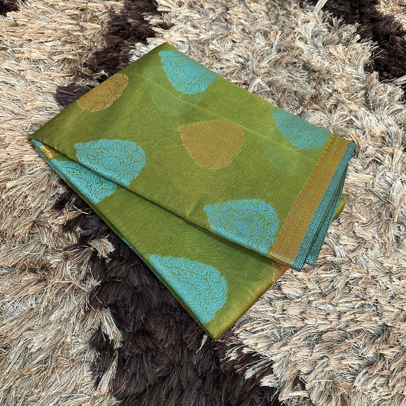 Mehandi Green Soft Cotton Silk Zari Banarasi Saree