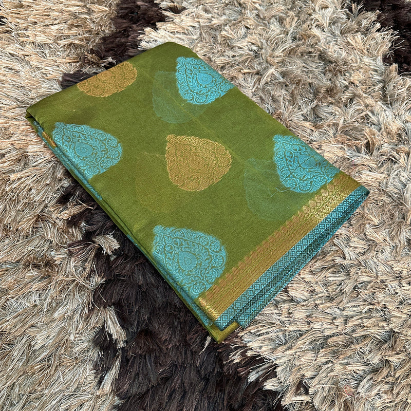Mehandi Green Soft Cotton Silk Zari Banarasi Saree