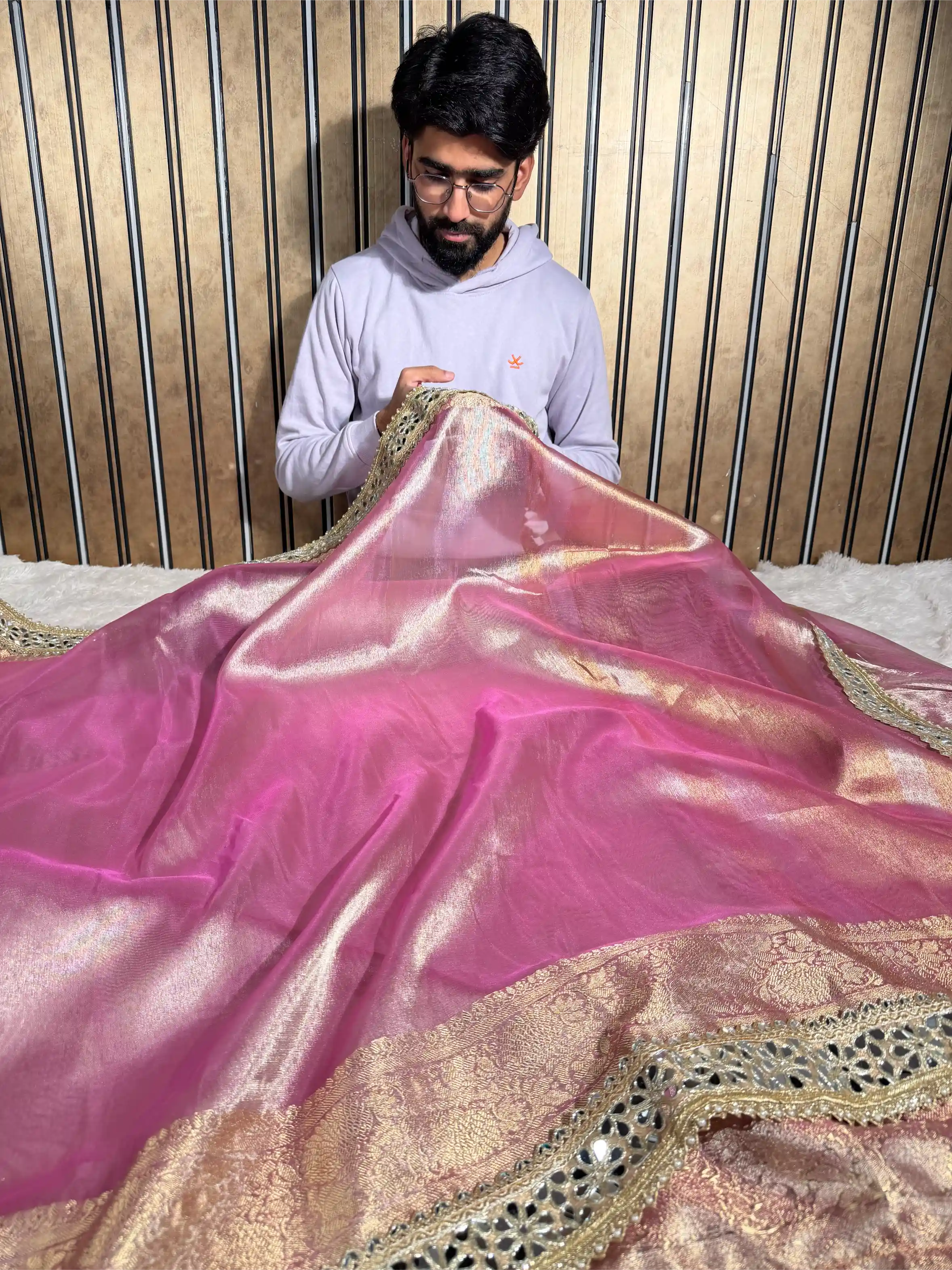 Metallic Baby Pink Bridal Tissue Silk Mirror Work Banarasi Saree