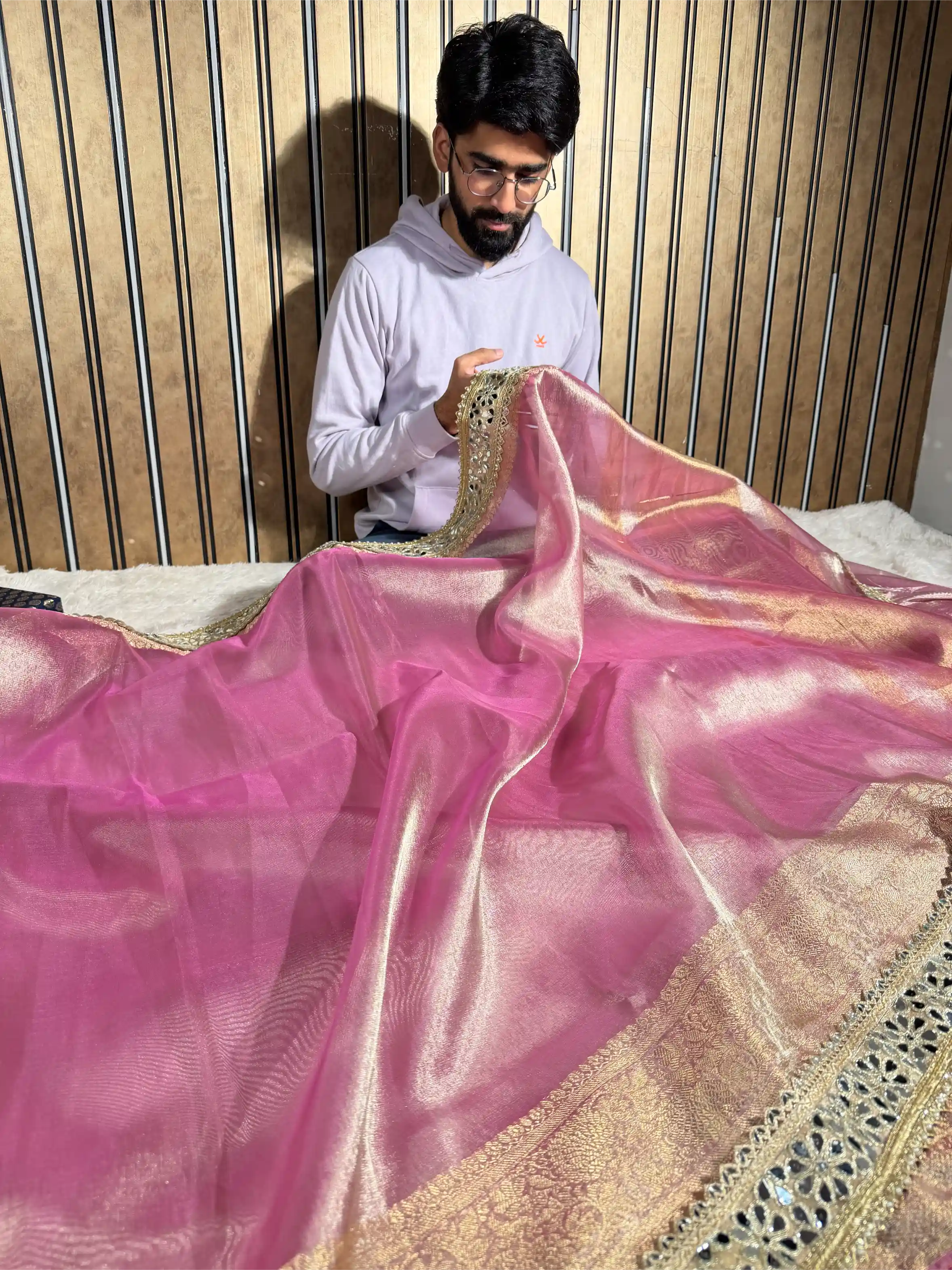 Metallic Baby Pink Bridal Tissue Silk Mirror Work Banarasi Saree