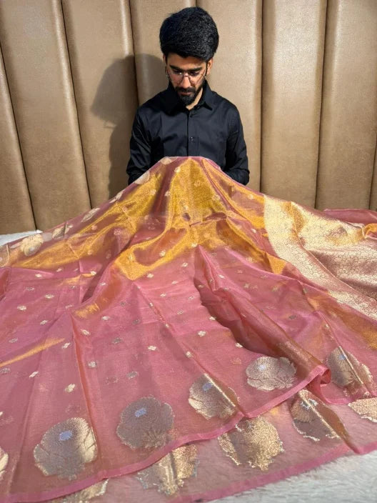 Metallic Barbie Pink Kora Tissue Silk Dhoop Chaun Weave Contemporary Banarasi Saree