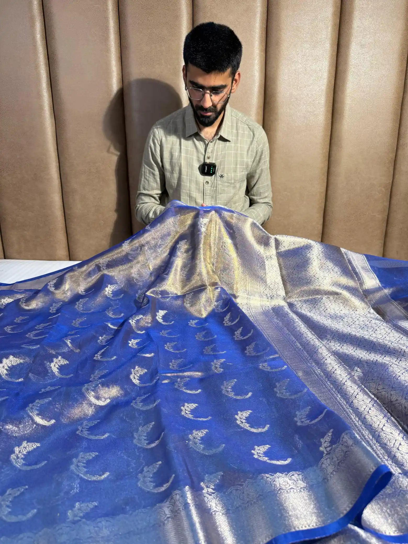Metallic Blue Kathan Tissue Silk Banarasi Saree