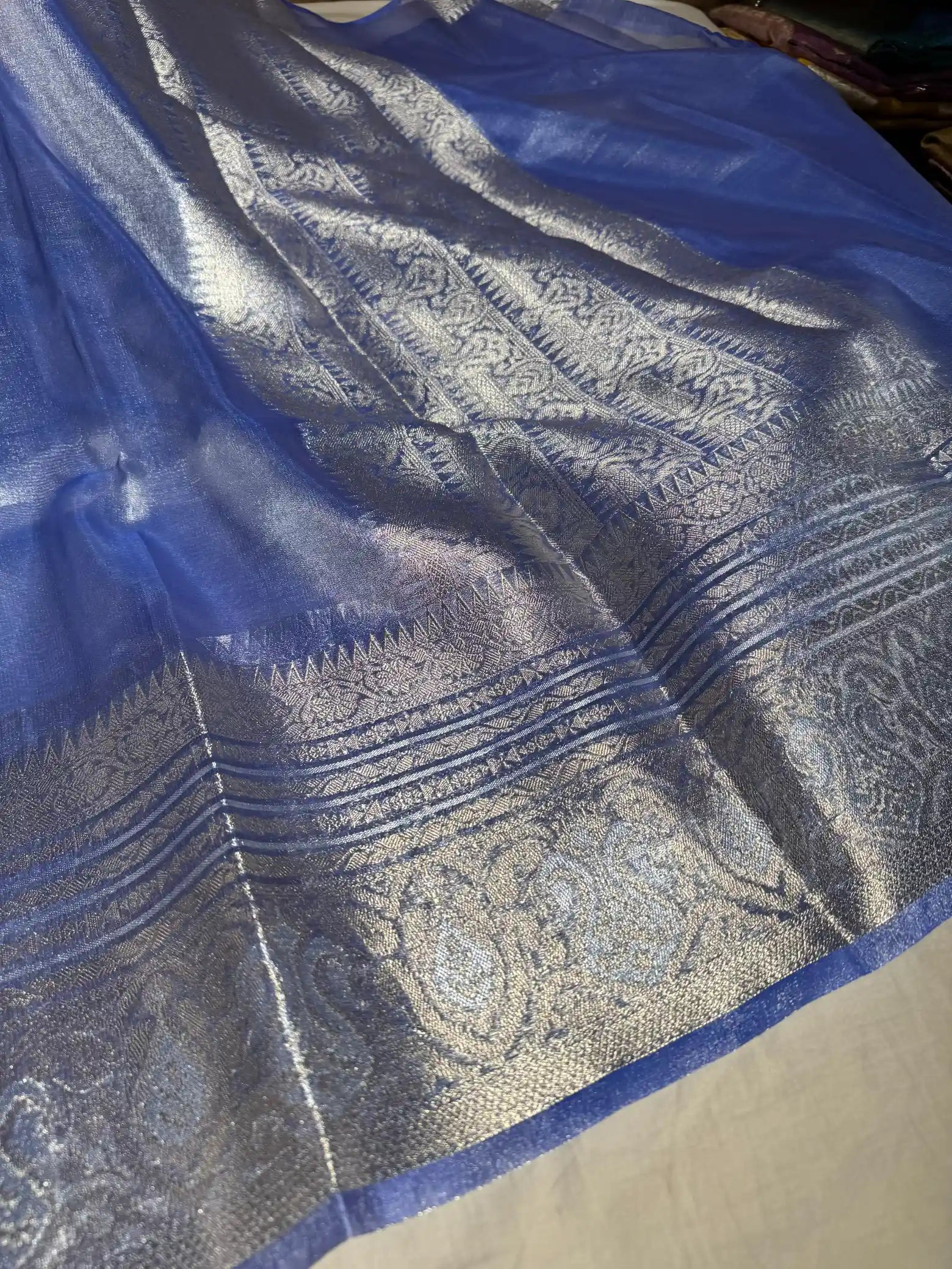 Metallic Blue Lightweight Katan Tissue Silk Saree with Rich Pallu and Blouse